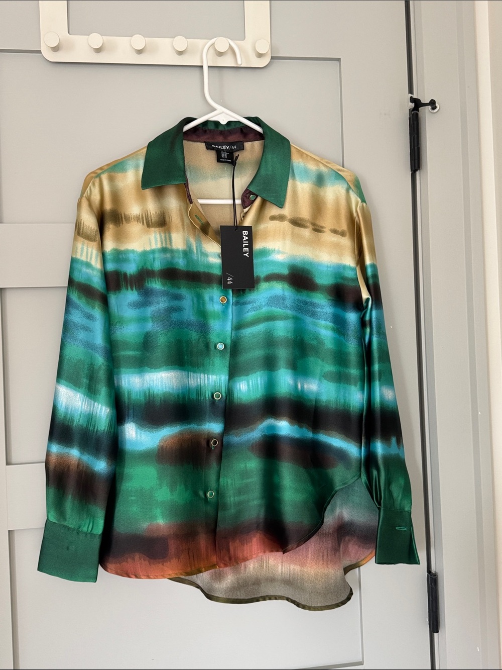Bailey 44 Green Teal Multi-Stripe Satin Button-Down Shirt